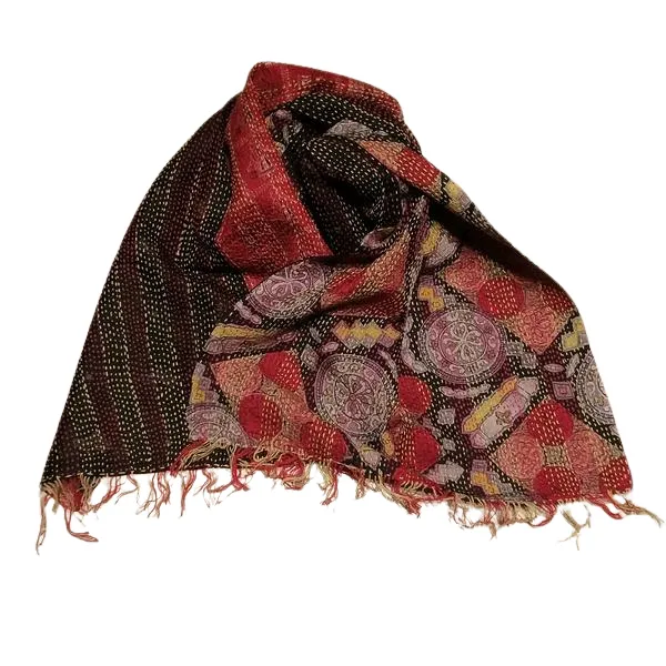 Sciarpa KANTHA con tessuti vintage misto seta ricamo a mano rosso - nero