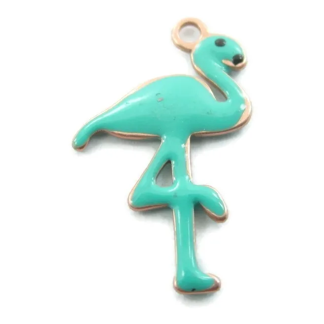 1 ciondolo charms fenicottero smaltato turchese in argento 925 placcato oro rosa di 16x10 mm