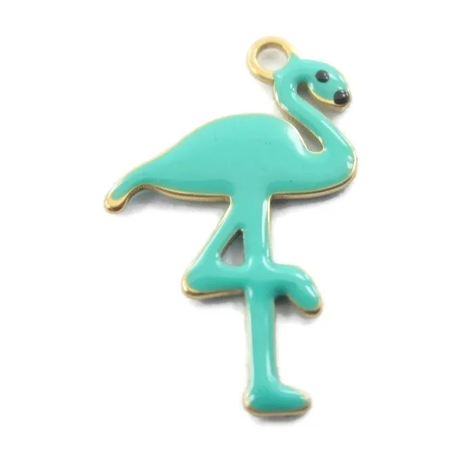 1 ciondolo charms fenicottero smaltato turchese in argento 925 placcato oro giallo di 16x10 mm