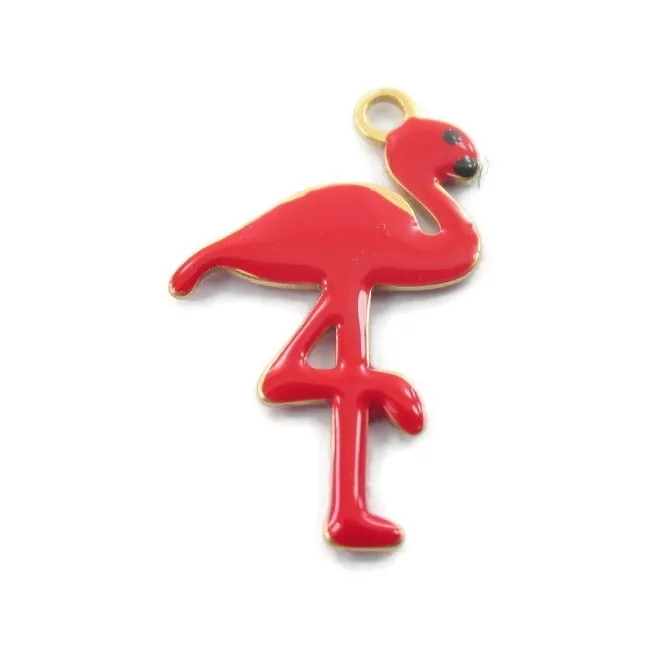 1 ciondolo charms fenicottero smaltato rosso in argento 925 placcato oro giallo  di 16x10 mm