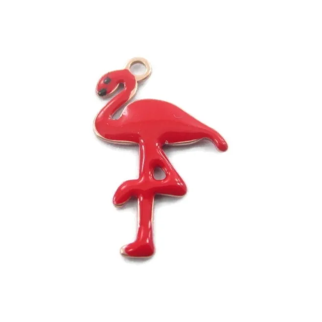 1 ciondolo charms fenicottero smaltato rosso in argento 925 placcato oro rosa  di 16x10 mm