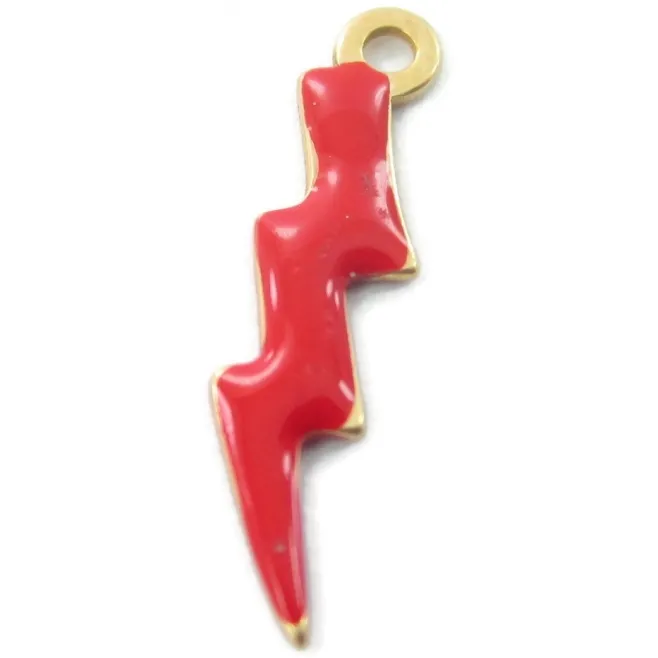 1 ciondolo charms fulmine smaltato rosso in argento 925 placcato oro giallo  di 18x5 mm
