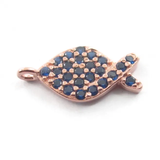 charms pesce argento 925 placcato oro rosa e zirconi blu 14x7 mm 1 pz