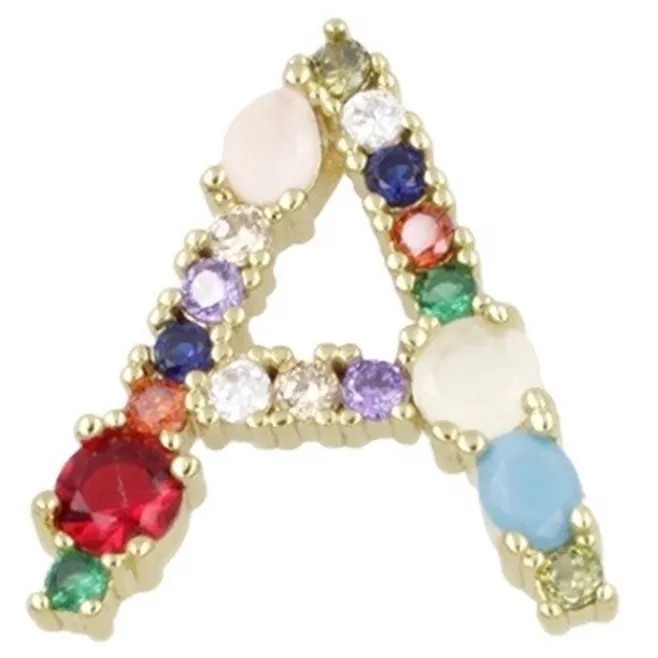 Ciondolo charms letterina A con pietre mix color  in ottone dorato1 pz.