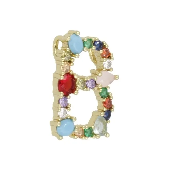 Ciondolo charms letterina B con pietre mix color  in ottone dorato1 pz.