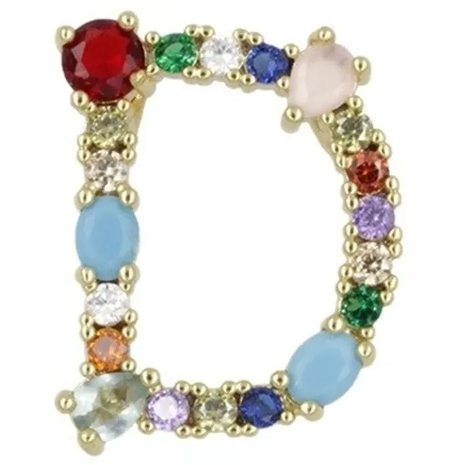 Ciondolo charms letterina D con pietre mix color  in ottone dorato1 pz.