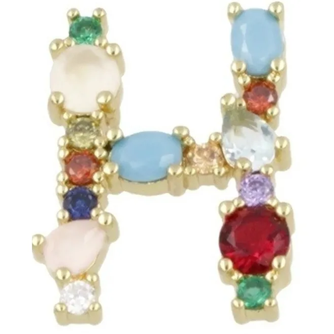 Ciondolo charms letterina H con pietre mix color  in ottone dorato1 pz.