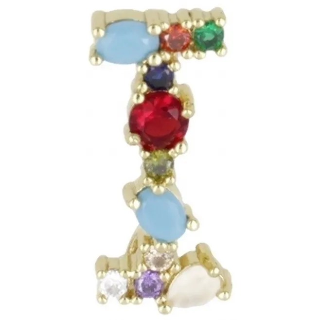 Ciondolo charms letterina I con pietre mix color  in ottone dorato1 pz.