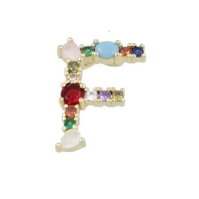 Ciondolo charms letterina F con pietre mix color  in ottone dorato1 pz.