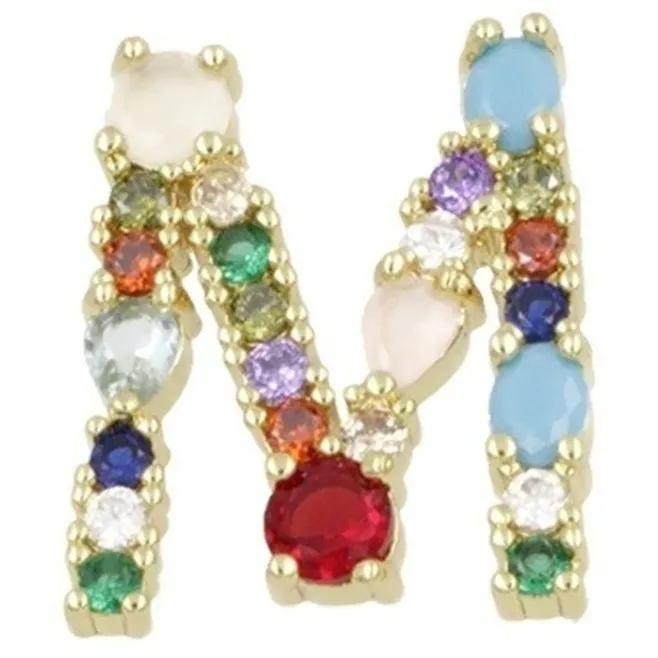 Ciondolo charms letterina M con pietre mix color  in ottone dorato1 pz.