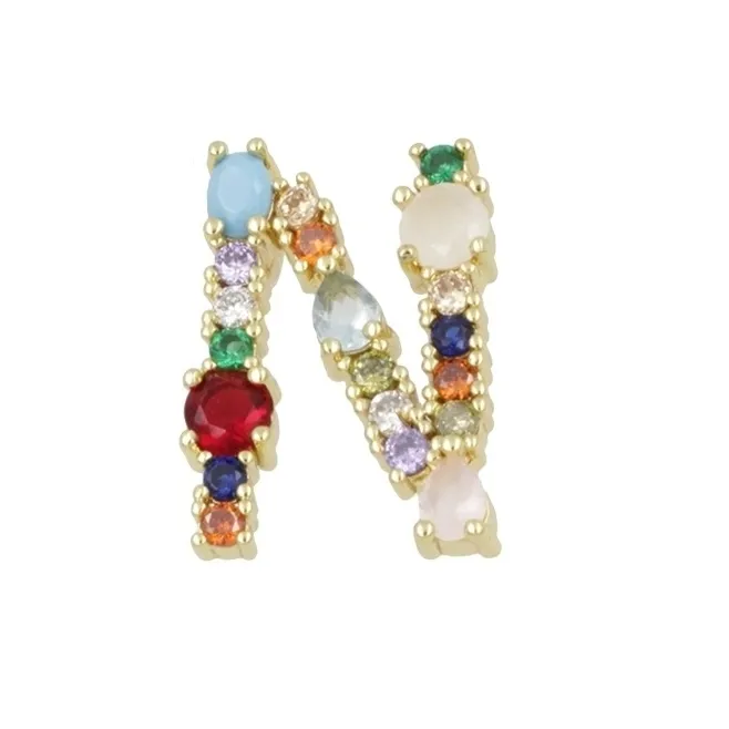 Ciondolo charms letterina N con pietre mix color  in ottone dorato1 pz.
