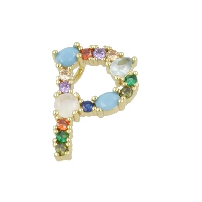 Ciondolo charms letterina P con pietre mix color  in ottone dorato1 pz.