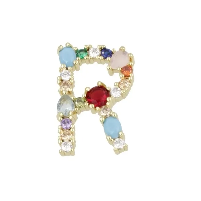Ciondolo charms letterina R con pietre mix color  in ottone dorato1 pz.