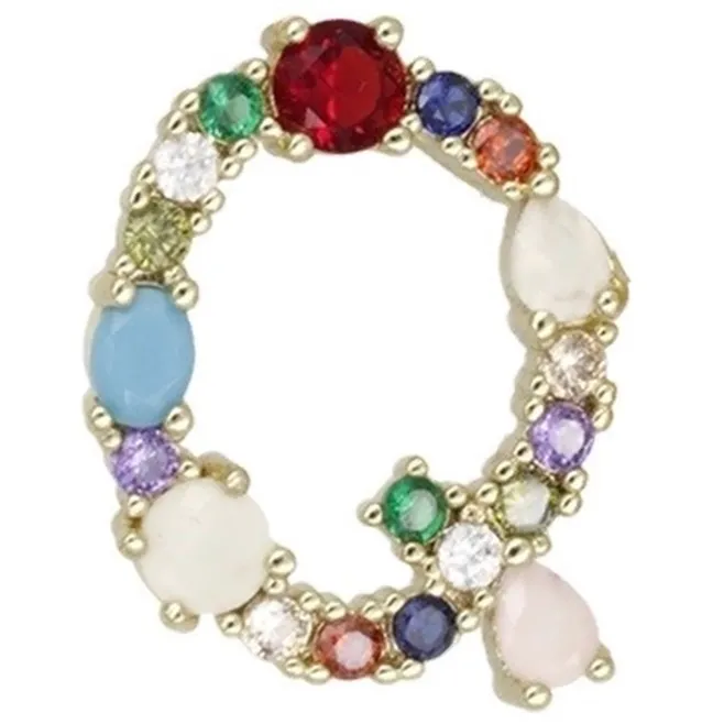Ciondolo charms letterina Q con pietre mix color  in ottone dorato1 pz.