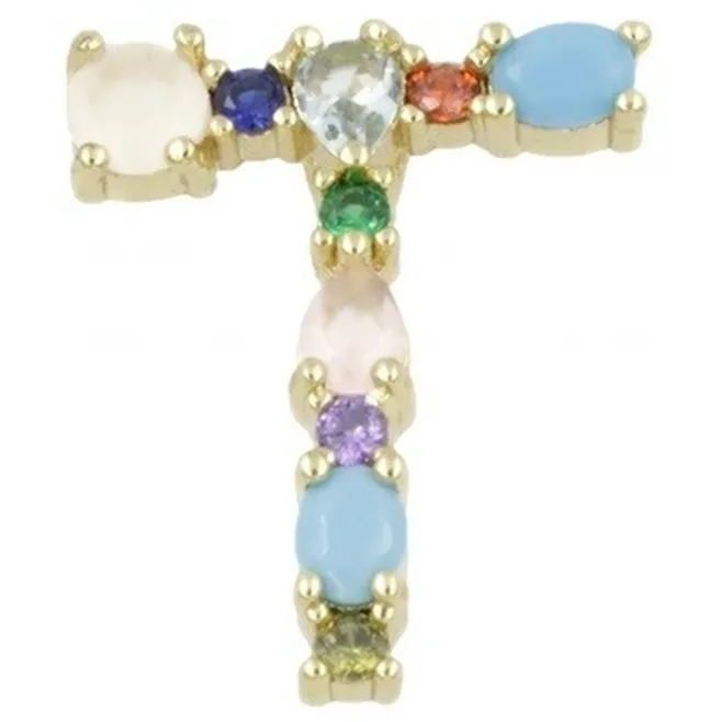 Ciondolo charms letterina T con pietre mix color  in ottone dorato1 pz.