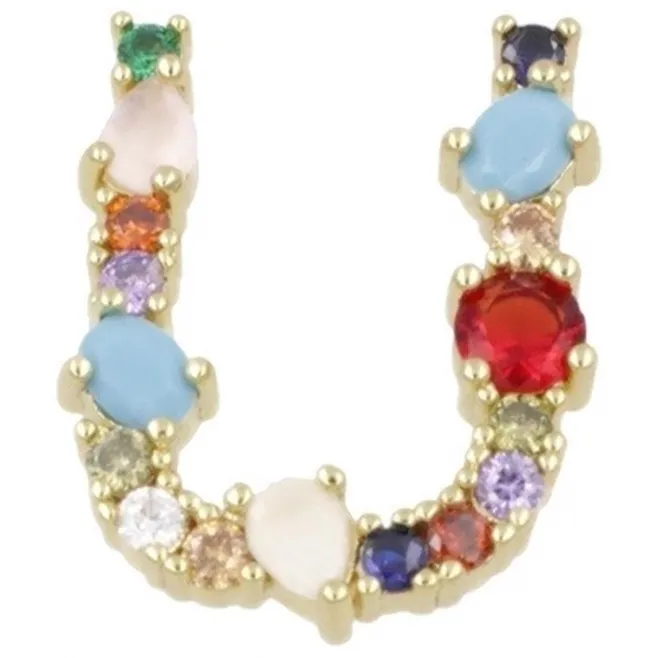 Ciondolo charms letterina U con pietre mix color  in ottone dorato1 pz.