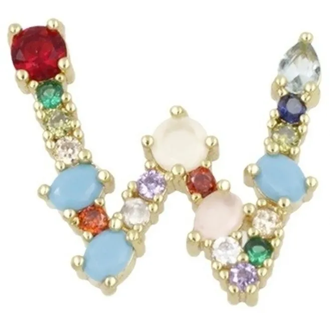 Ciondolo charms letterina W con pietre mix color  in ottone dorato1 pz.