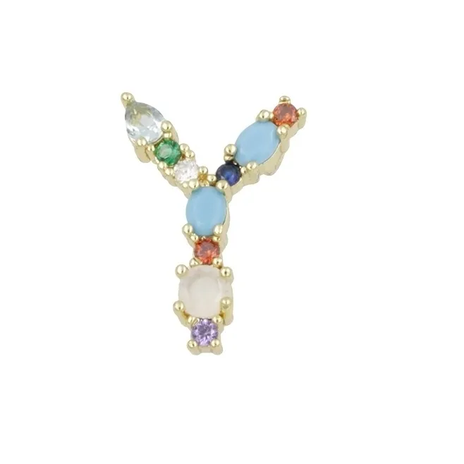 Ciondolo charms letterina Y con pietre mix color  in ottone dorato1 pz.