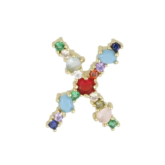 Ciondolo charms letterina X con pietre mix color  in ottone dorato1 pz.