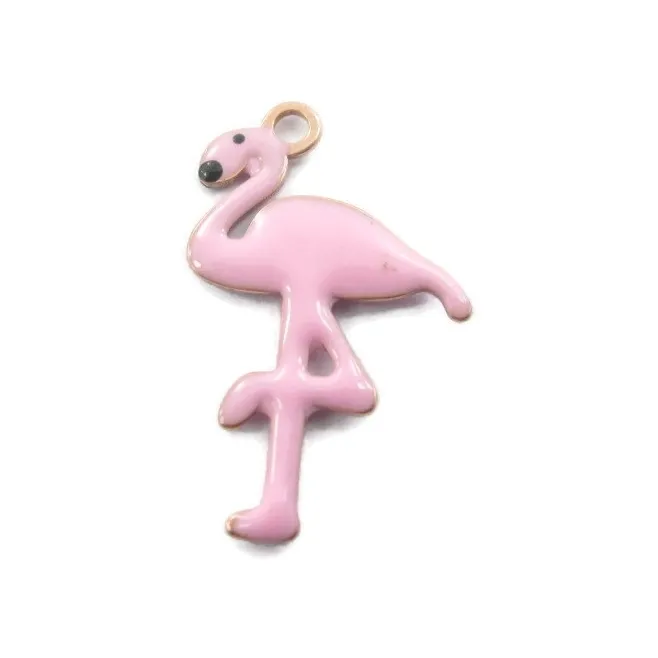 1 ciondolo charms fenicottero smaltato rosa in argento 925 placcato oro rosa di 16x10 mm