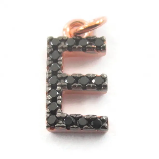 iniziale lettera E zirconi neri  argento 925 placcato oro rosa  1 pz