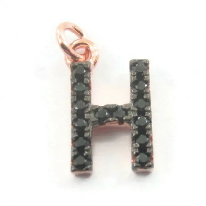 iniziale lettera H zirconi neri  argento 925 placcato oro rosa  1 pz
