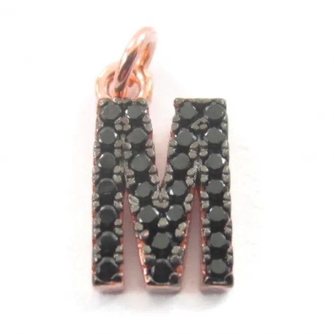 iniziale lettera M zirconi neri  argento 925 placcato oro rosa  1 pz