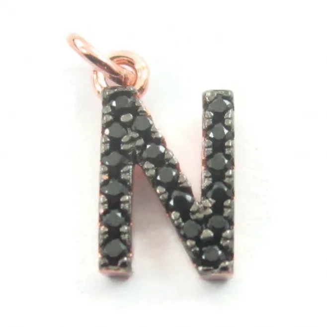 iniziale lettera N zirconi neri  argento 925 placcato oro rosa  1 pz