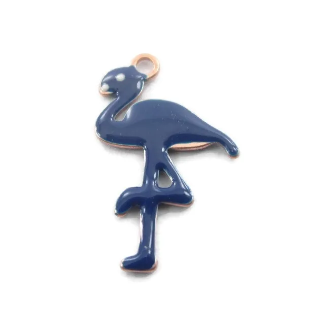 1 ciondolo charms fenicottero smaltato blu in argento 925 placcato oro rosa di 16x10 mm