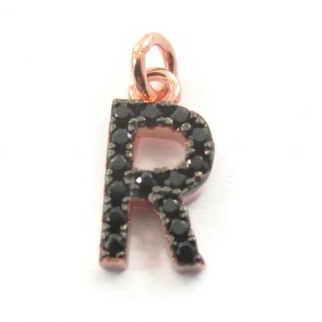 iniziale lettera R zirconi neri  argento 925 placcato oro rosa  1 pz