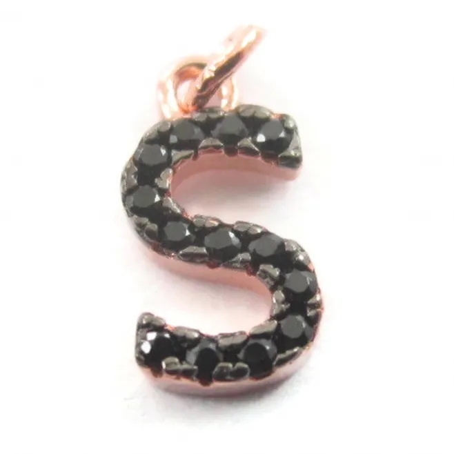 iniziale lettera S zirconi neri  argento 925 placcato oro rosa  1 pz