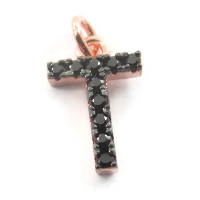 iniziale lettera T zirconi neri  argento 925 placcato oro rosa  1 pz