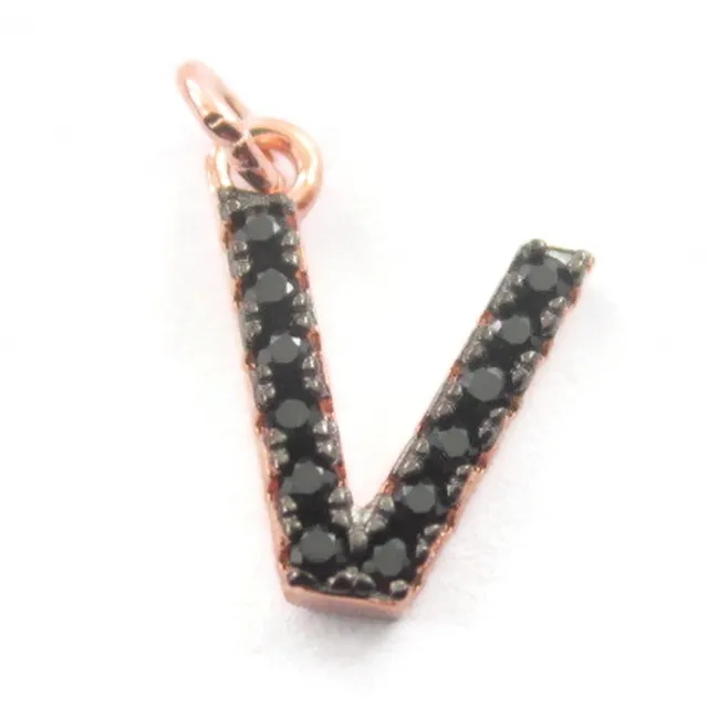 iniziale lettera V zirconi neri  argento 925 placcato oro rosa  1 pz