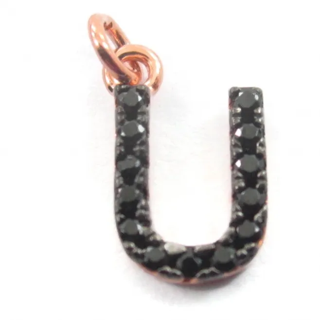 iniziale lettera U zirconi neri  argento 925 placcato oro rosa  1 pz