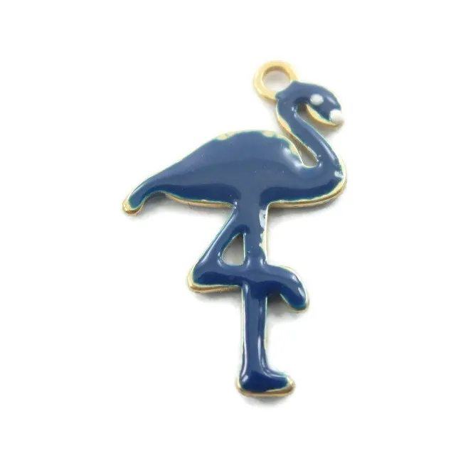 1 ciondolo charms fenicottero smaltato blu in argento 925 placcato oro giallo di 16x10 mm