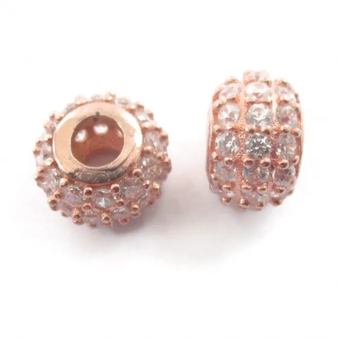 charms rondella distanziatore foro largo con pavè di zirconi bianchi argento 925 placcato oro rosa 8,5x6 mm 1 pz.