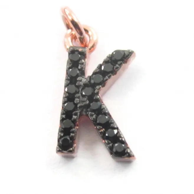 iniziale lettera K zirconi neri  argento 925 placcato oro rosa  1 pz