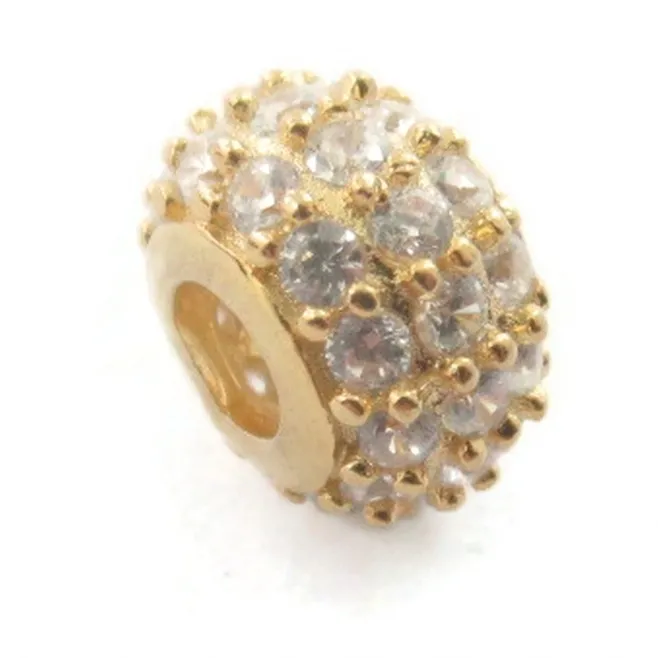 charms rondella distanziatore foro largo con pavè di zirconi bianchi argento 925 placcato oro giallo 10x6,5 mm 1 pz.
