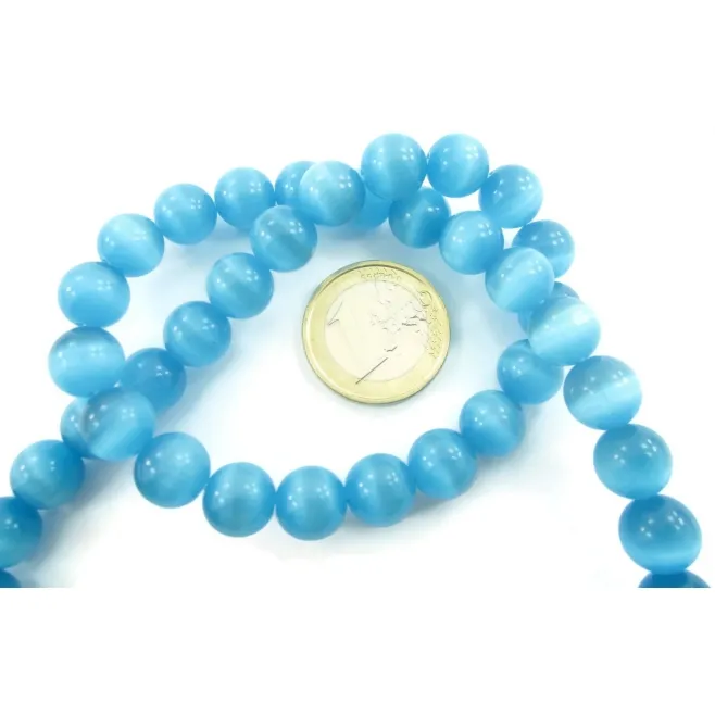 1 filo di perle azzurre in occhio di gatto cabochon di 12 mm