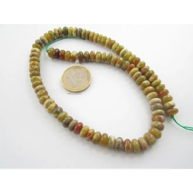 1 FILO DI PIETRE IN DIASPRO ROSSO E VERDE  NATURALE  CABOCHON STONDATO  8X5 MM