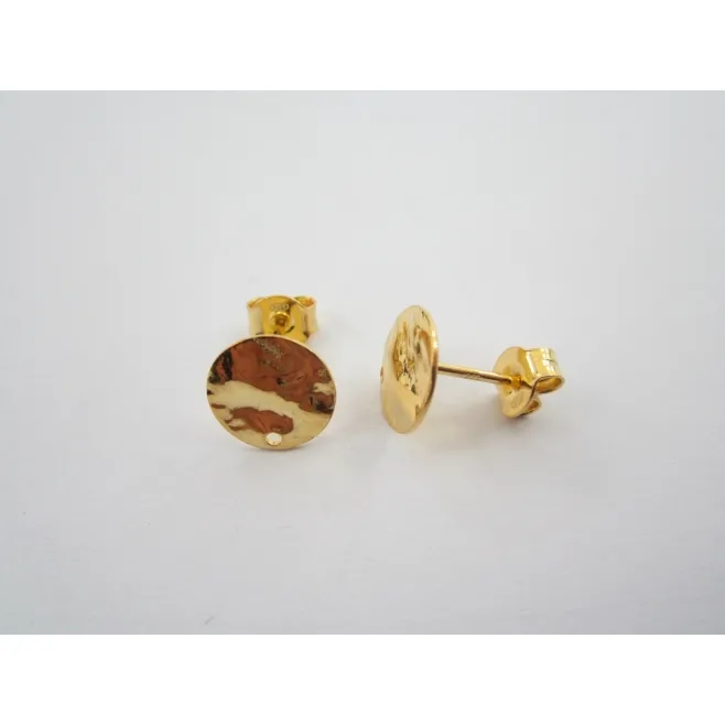 1 paio di basi per orecchini tondino 10 mm martellato e stropicciato argento 925 placcato oro giallo