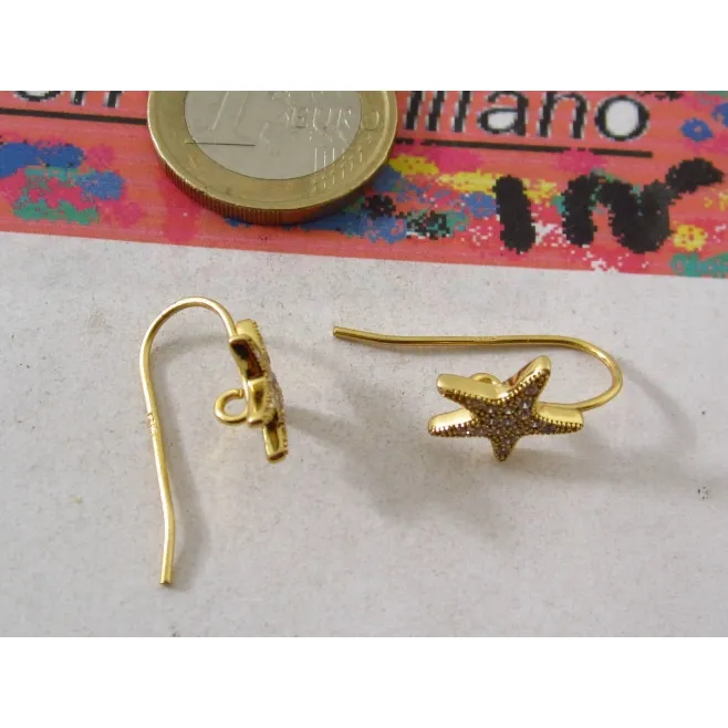 1 PAIO DI GANCI PER ORECCHINI STELLA MARINA ZIRCONI ARGENTO 925 PLACCATI ORO G