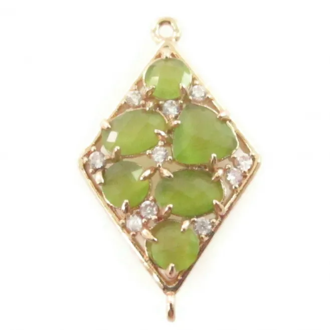 Connettore rombo in ottone dorato con occhio di gatto verde peridoto e zirconi bianchi 32x19 mm - 1 pz.