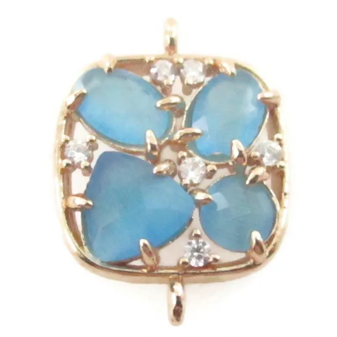 Connettore quadrato in ottone dorato con occhio di gatto azzurro e zirconi bianchi 15x15 mm - 1 pz.