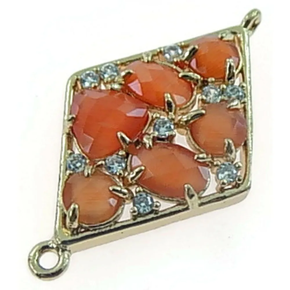 Connettore rombo in ottone dorato con occhio di gatto arancio e zirconi bianchi 32x19 mm - 1 pz.