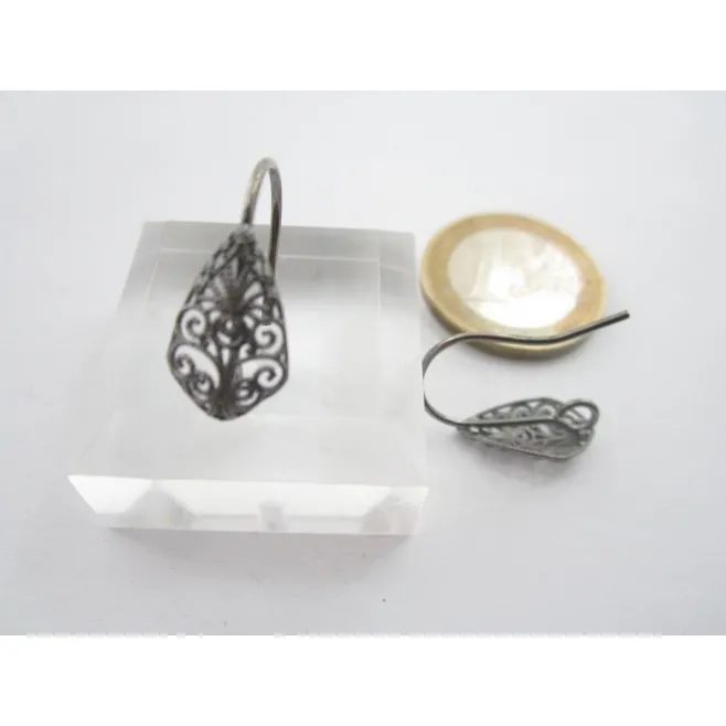 1 paio di monachelle orecchini frontale goccia filigrana argento 925 rodio nero