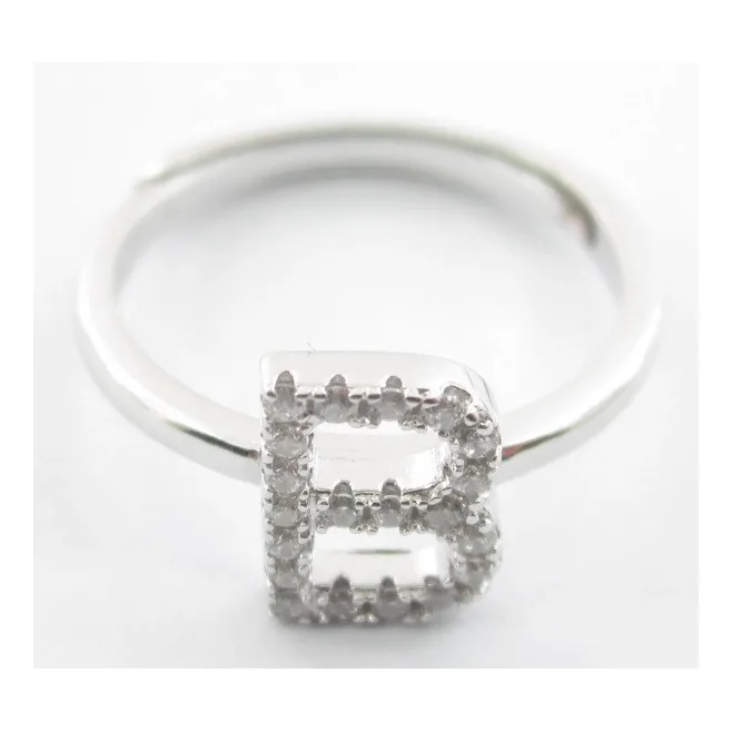 Anello iniziale lettera B in argento 925 rodiato e zirconi bianchi misura regolabile