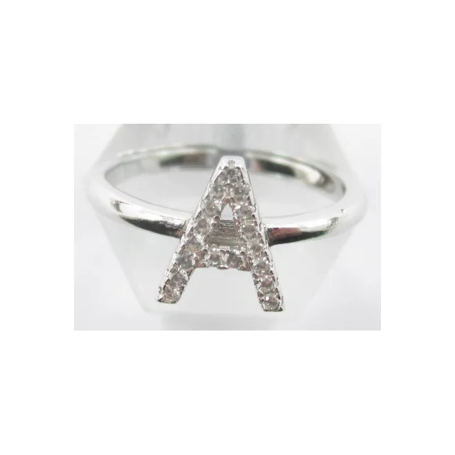 Anello iniziale lettera A in argento 925 rodiato e zirconi bianchi misura regolabile