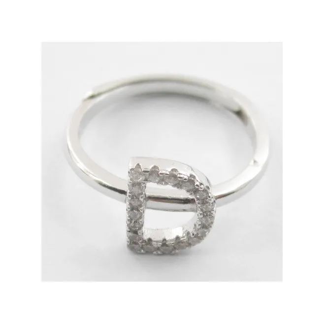 Anello iniziale lettera D in argento 925 rodiato e zirconi bianchi misura regolabile