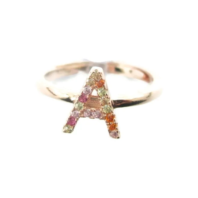 Anello iniziale lettera A in argento 925 placcato oro rosa e zirconi multi color misura regolabile
